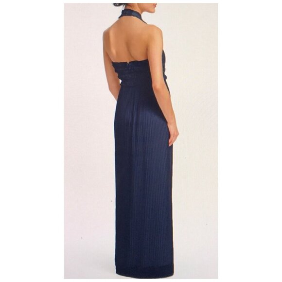 JS Collections Dark Blue Pleated Mesh Halter Maxi Gown Formal Prom Women's Sz 6 - Picture 13 of 13